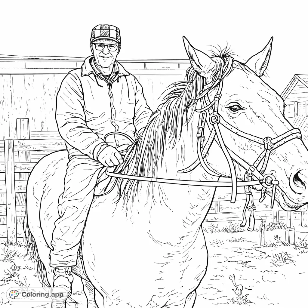 Color a peaceful winter scene featuring a man on horseback, surrounded by snowy fields and rustic wooden structures. Perfect for those who love equestrian themes.