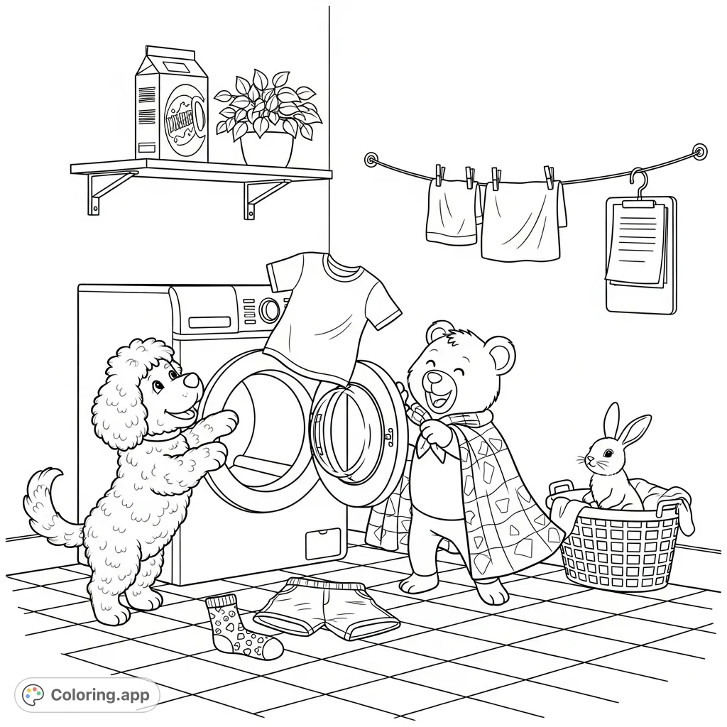 A fluffy dog, a giggling bear, and a rabbit make laundry day an adventure! This whimsical scene features pets, clothes, and a playful mess, perfect for creative coloring.