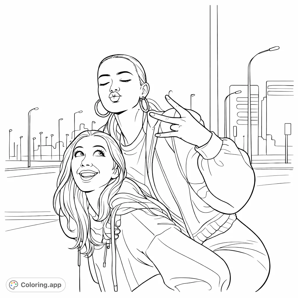 Two friends share a playful moment against a dark urban background with blurry lights. A fun scene perfect for bringing friendship and personality to life.