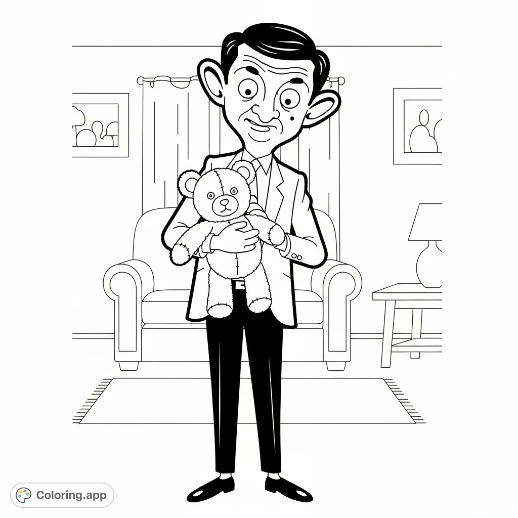 Join Mr. Bean and his inseparable companion Teddy in a fun coloring adventure! A charming free printable Mr. Bean coloring page for all fans.