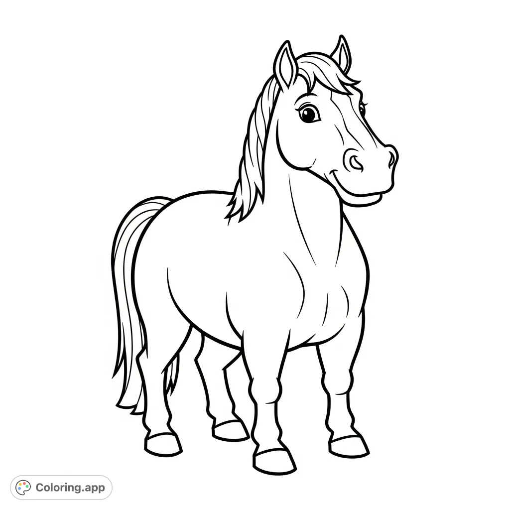 A charming, friendly horse stands with bold, thick outlines and very large, easy-to-color shapes, perfect for little hands to explore creativity.