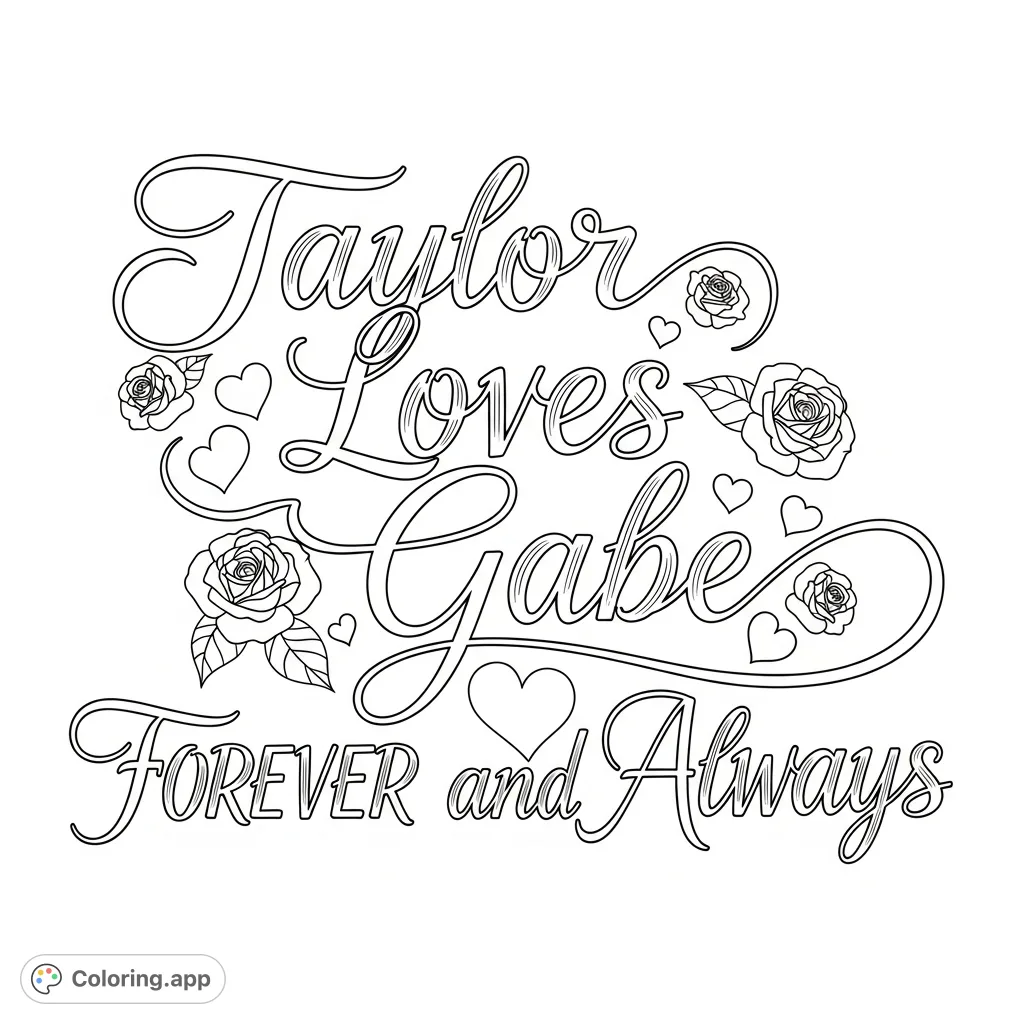 An elegant calligraphy coloring page featuring "Taylor Loves Gabe Forever and Always" with graceful flourishes, hearts, and roses, perfect for expressing affection.
