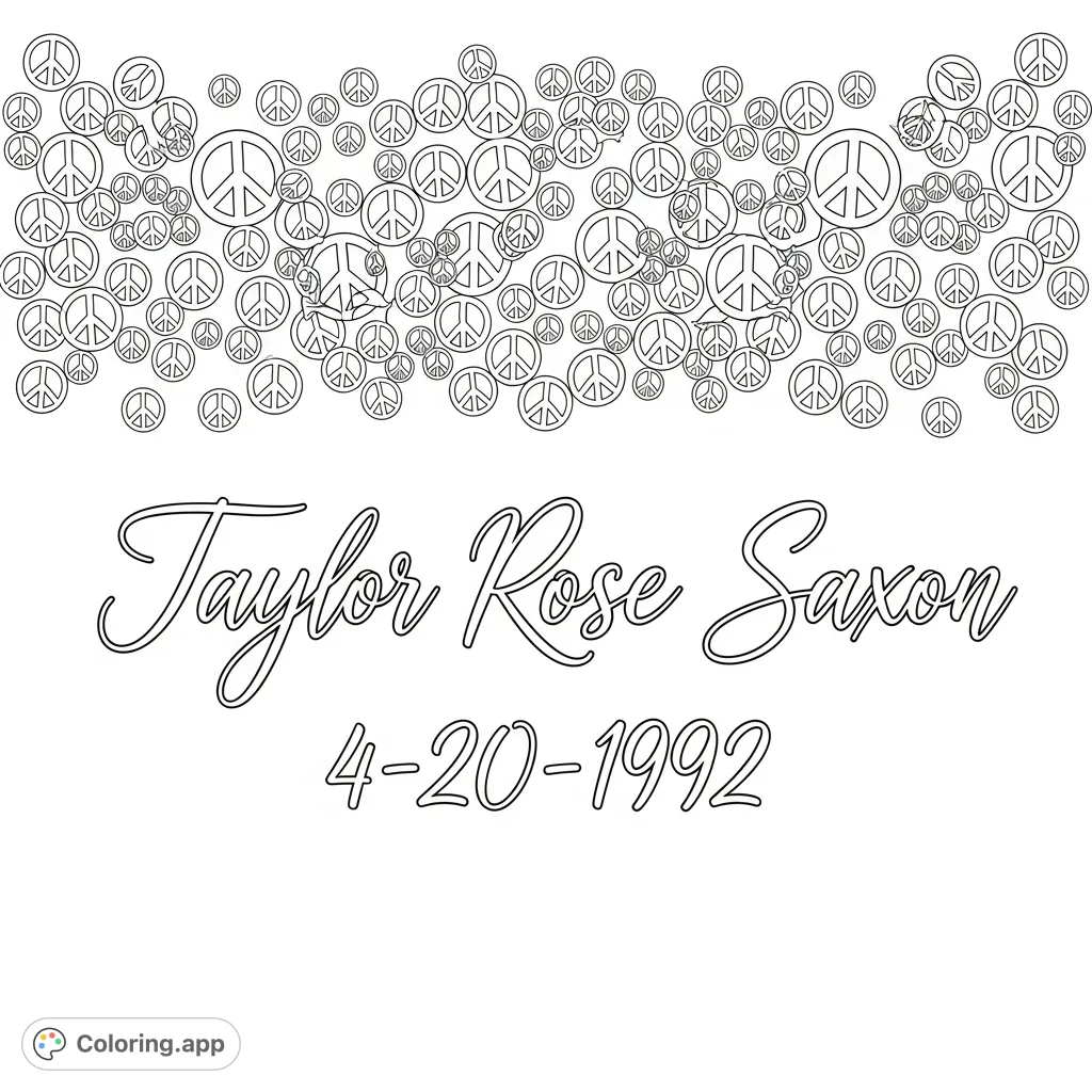 An intricate calligraphy coloring page featuring the name "Taylor Rose Saxon" and date "4-20-1992" surrounded by a dense pattern of small peace signs.