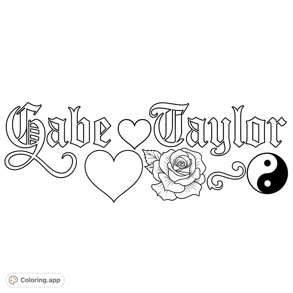 Personalized gothic script with names 'Gabe' and 'Taylor', adorned with hearts, a blooming rose, and a yin-yang symbol. Perfect for custom artwork.