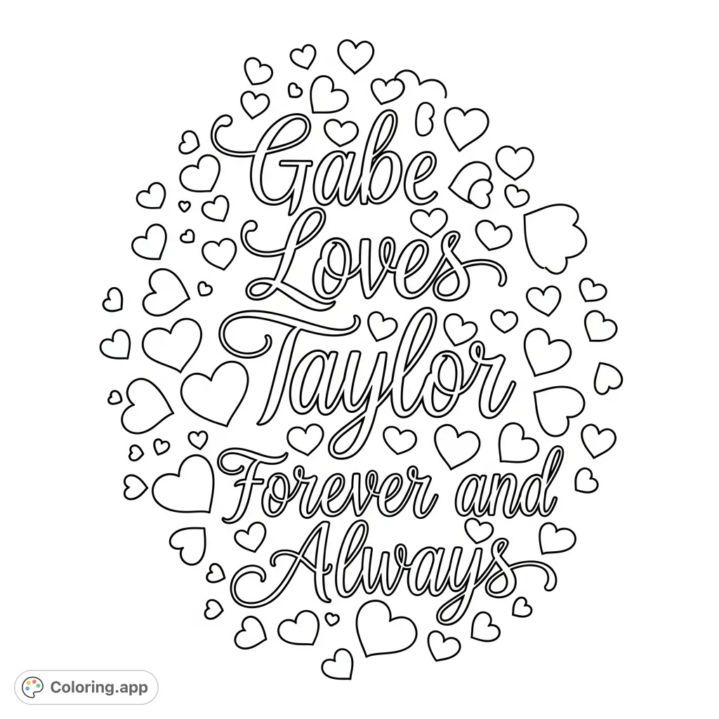 Express enduring affection with this personalized calligraphy coloring page featuring "Gabe Loves Taylor Forever and Always," adorned with scattered hearts.
