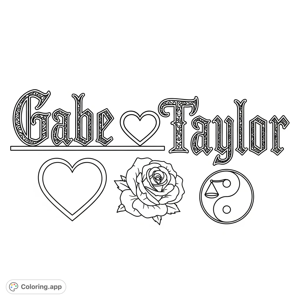 An elaborate gothic script displays 'Gabe' and 'Taylor,' separated by a bordered heart, followed by symbols: a classic heart, a blooming rose, and a yin-yang.