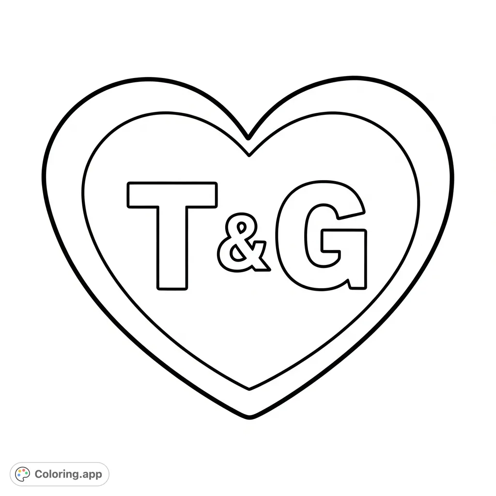 A charming cartoon heart featuring the initials "T&G" within its contours, perfect for personalizing with your favorite colors and sentiments.