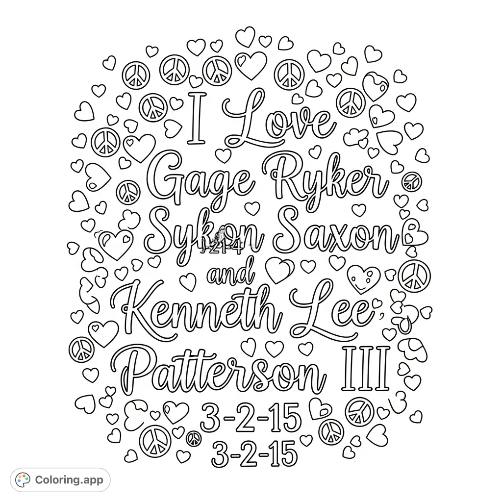 Express deep affection with this intricate calligraphy message coloring page. Featuring names, dates, hearts, and peace signs, it's a heartfelt tribute.