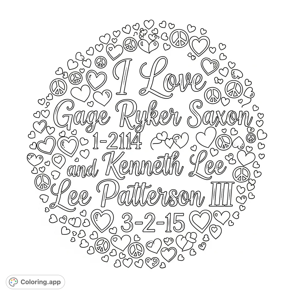 A beautiful personalized calligraphy design featuring the heartfelt message "I Love Gage Ryker Saxon 1-21-14 and Kenneth Lee Patterson III 3-2-15," adorned with small hearts and peace signs.
