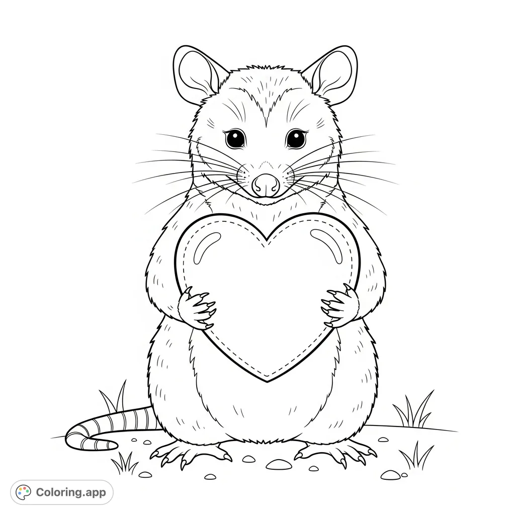 A charming possum holds a large heart, perfect for expressing affection. A delightful and free printable possum coloring page for all ages.