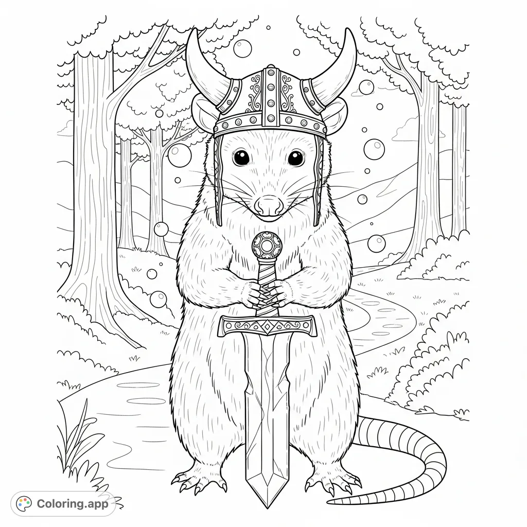 A whimsical warrior possum, complete with a Viking-style helmet and a large sword, stands ready for adventure in a magical forest setting.