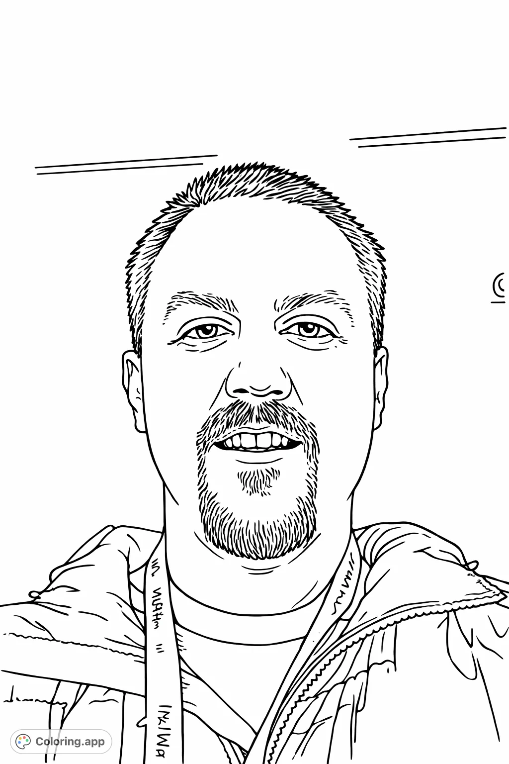 A detailed portrait of a man with short hair, a goatee, and a collared jacket, suitable for a personalized coloring experience.