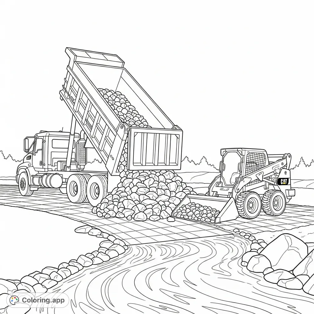 A dynamic construction scene featuring a dump truck unloading rocks onto a driveway next to a river, with a Cat skid steer ready to spread them.