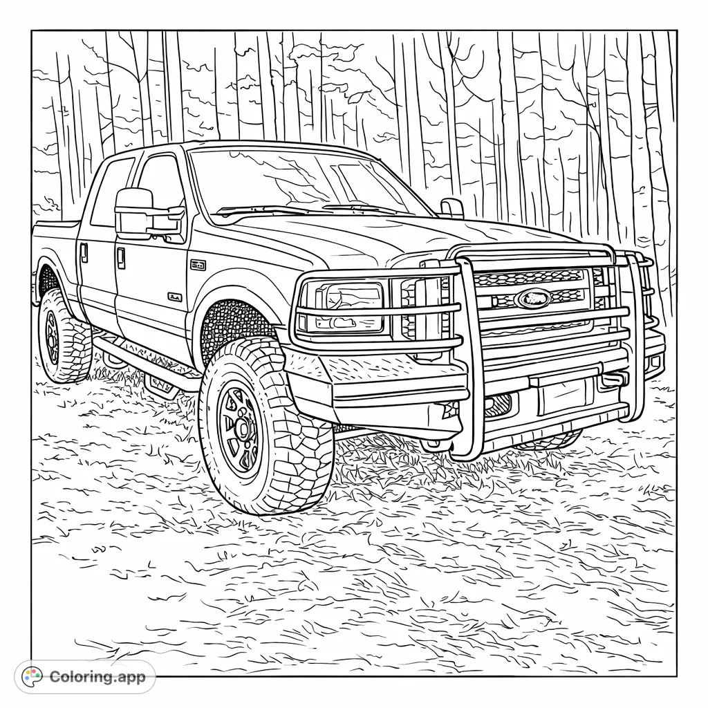 An imposing off-road pickup truck with a brush guard and rugged tires parked in a forest setting. Perfect for vehicle enthusiasts and detailed coloring.