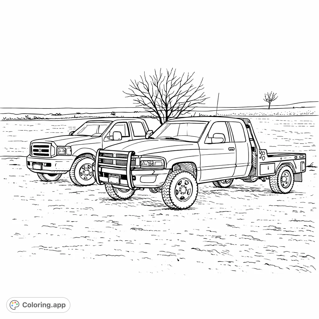 Color this rugged scene featuring two powerful pickup trucks parked by a calm lake, perfect for automotive enthusiasts and those who love outdoor utility vehicles.