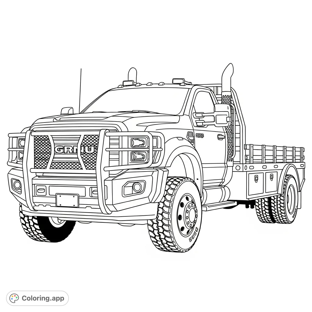 Color a powerful heavy-duty flatbed truck with a distinctive grille and rugged tires, featuring a bold front guard and exhaust stacks.