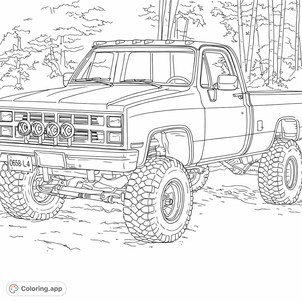 Color a detailed square body lifted pickup truck, featuring big off-road tires, a bold grille, and a forest backdrop. Ready for adventure!