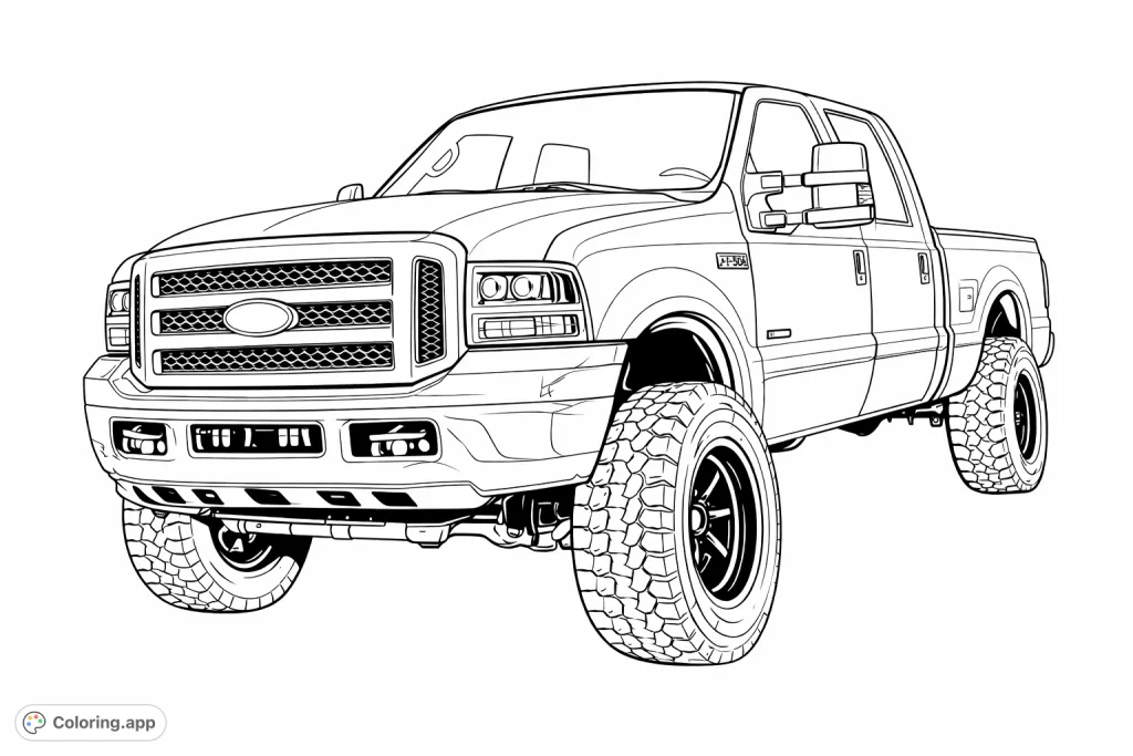 Unleash your creativity with this rugged pickup truck coloring page. Features a detailed front grille, large tires, and a sturdy design.