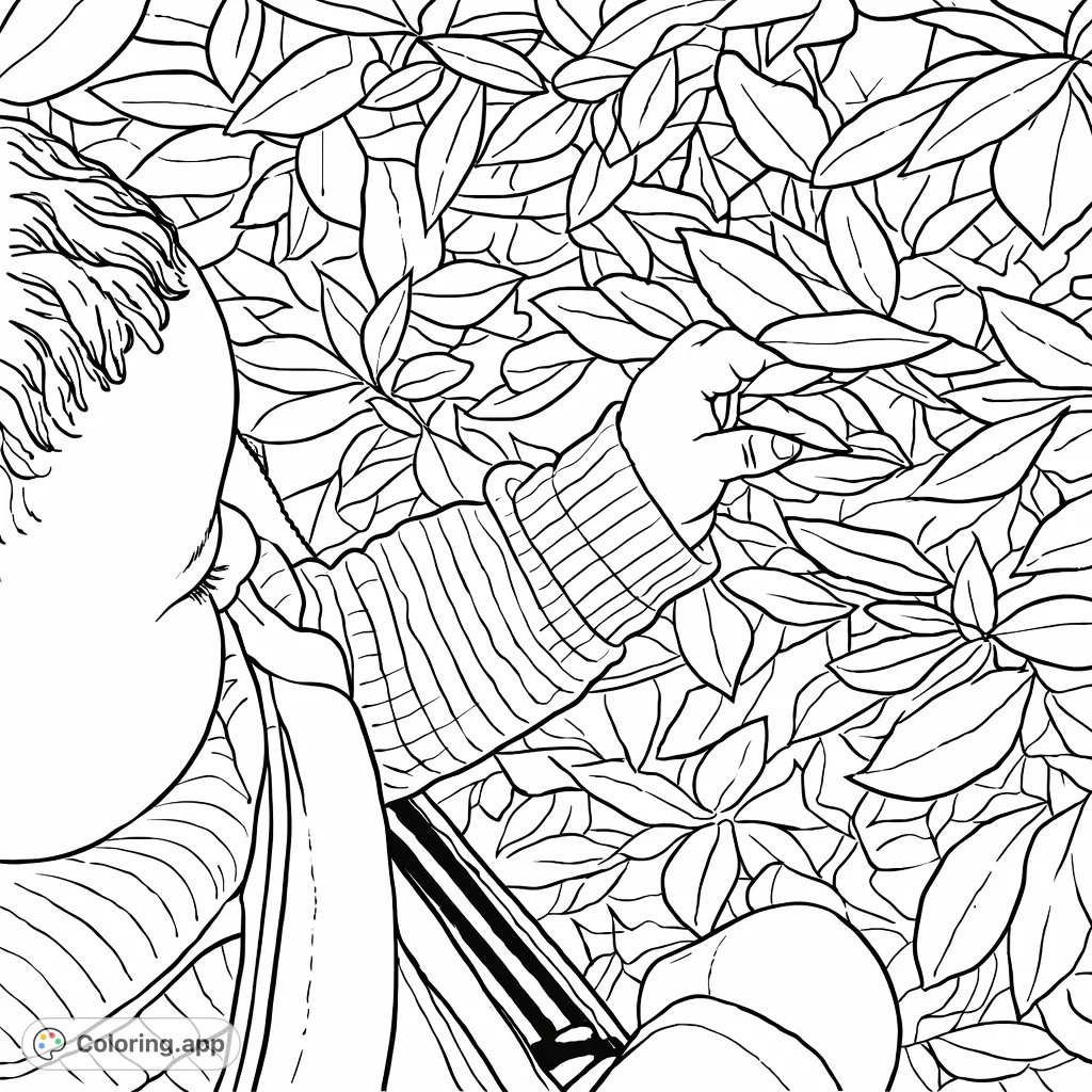 A tender scene of a child's hand exploring a leaf amidst lush foliage. Perfect for a nature-themed coloring page, capturing curiosity and discovery.