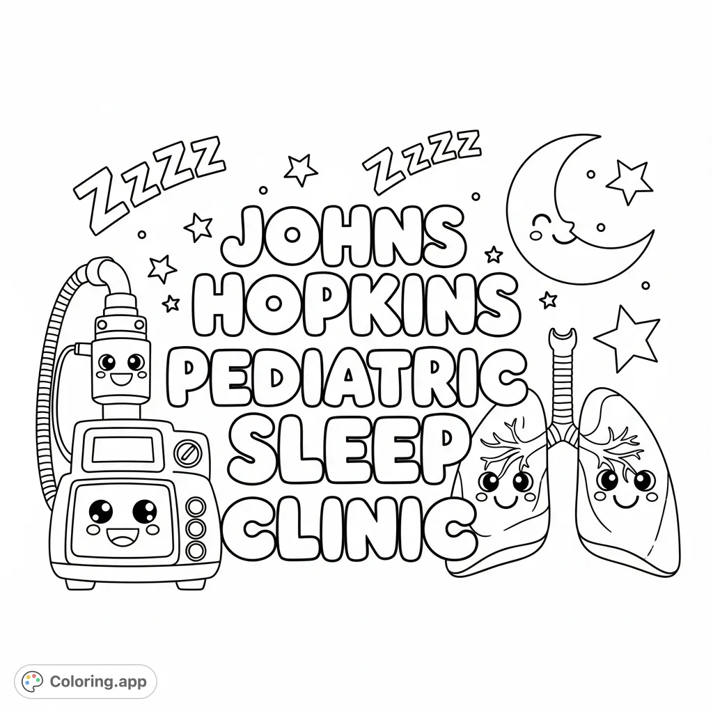 A friendly "Johns Hopkins Pediatric Sleep Clinic" coloring page featuring cheerful cartoon CPAP and lungs, moon, stars, and "Zzzzs" for a gentle sleep theme.