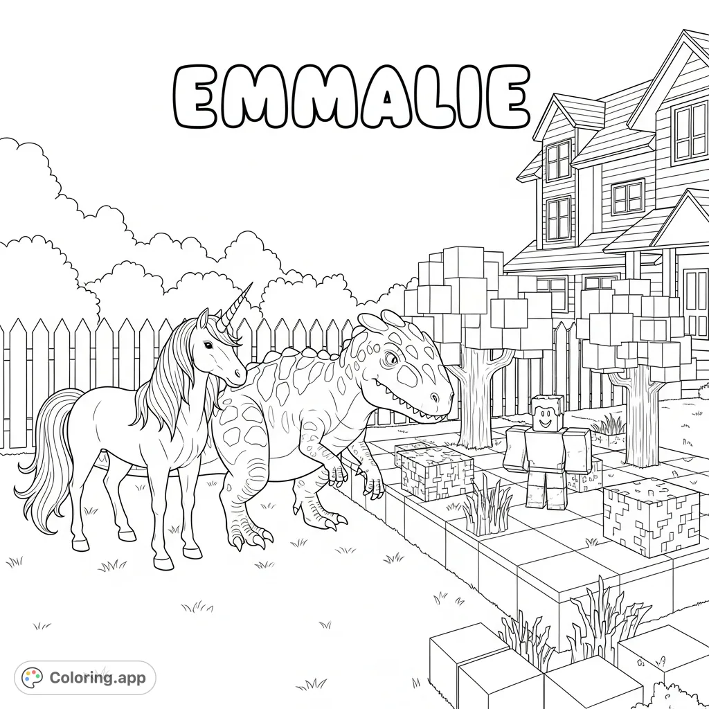 Explore a unique front yard featuring a majestic unicorn, a towering dinosaur, and a pixelated Roblox/Minecraft zone. A truly fantastical scene for creative coloring.