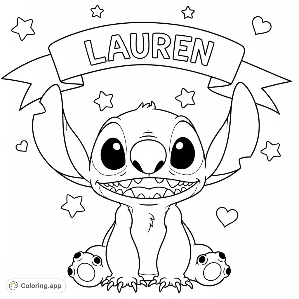 A delightful Stitch coloring page featuring Stitch sitting with a personalized banner displaying the name "Lauren" amidst playful stars and hearts.