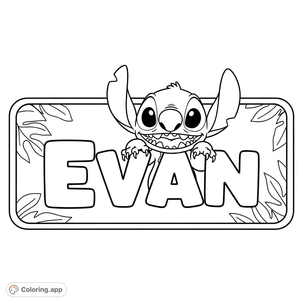 Color this fun Stitch name tag featuring "Evan" in block letters with tropical leaves. A playful extraterrestrial companion peeks from behind the name.