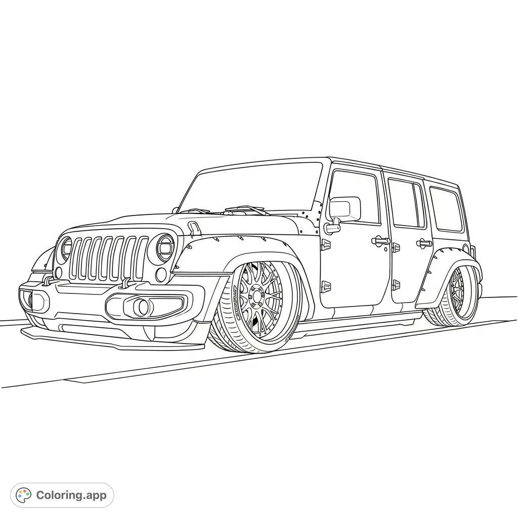 Unleash your creativity on this unique Jeep widebody slammed coloring page, featuring bold flares and a low-slung stance. A cool vehicle coloring page!