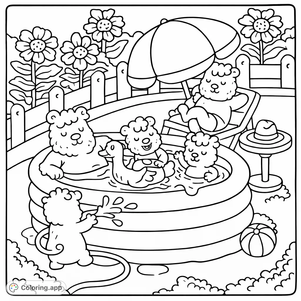 Join adorable pig-like characters for a lively pool party! Splashing, relaxing, and playing with toys in a cheerful outdoor setting. Perfect for summer fun.