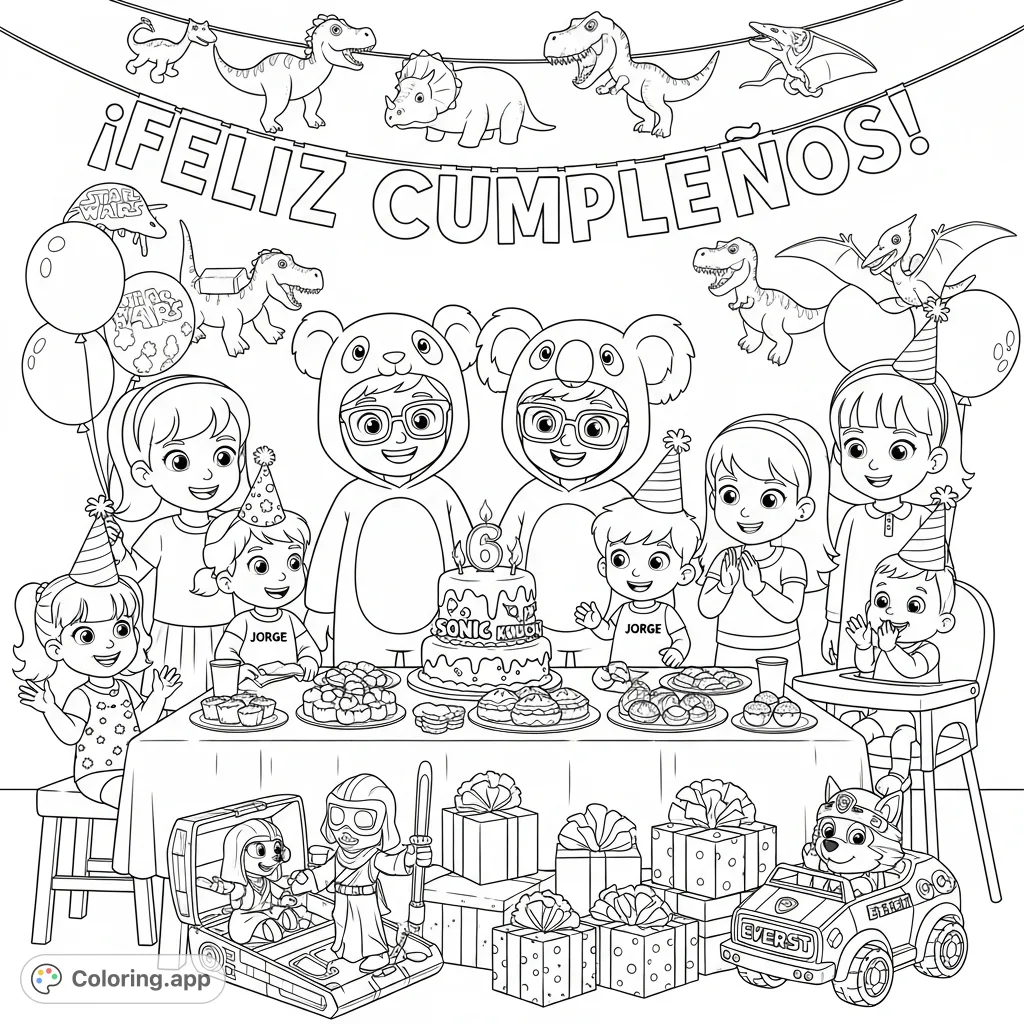 Join a joyful children's birthday party featuring costumed twin boys, a 'Sonic and Knuckles' cake, gifts, and dinosaur decorations. A fun-filled scene for all!