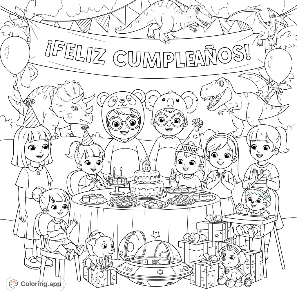 Celebrate with a fun dinosaur birthday party coloring page! Featuring kids in costumes, a cake with a '6' candle, presents, and festive decor.