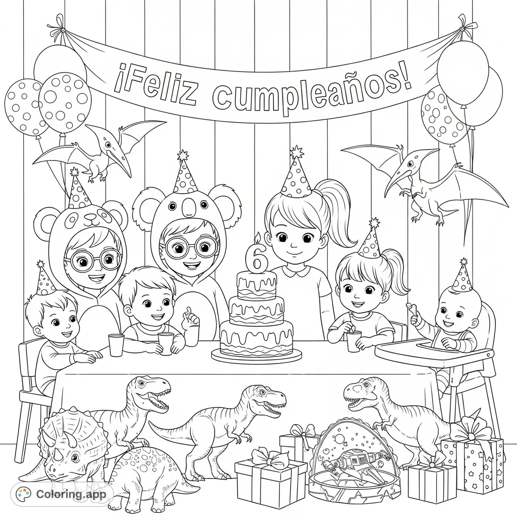 A lively birthday party scene featuring twin boys in panda and koala costumes, dinosaur decorations, a Star Wars gift, and a cake with the number six.
