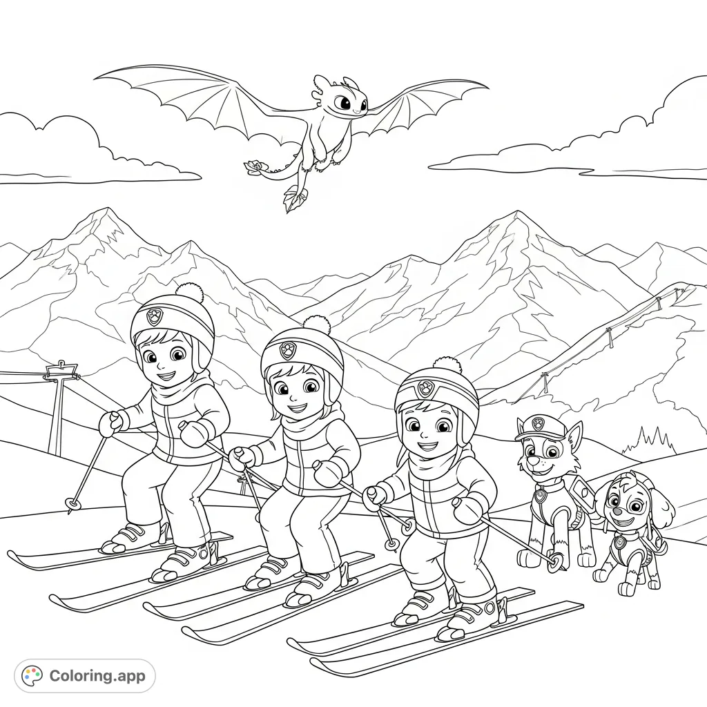An exciting mountain ski coloring page featuring kids on skis with Paw Patrol's Rocky, Marshall, Skye, and Toothless soaring above snowy peaks and ski lifts.