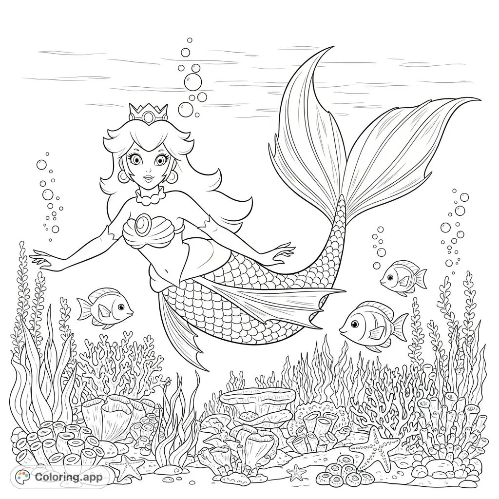 Dive into a magical underwater world with Princess Peach transformed into a beautiful mermaid, adorned with her crown and elegant tail, surrounded by ocean life.