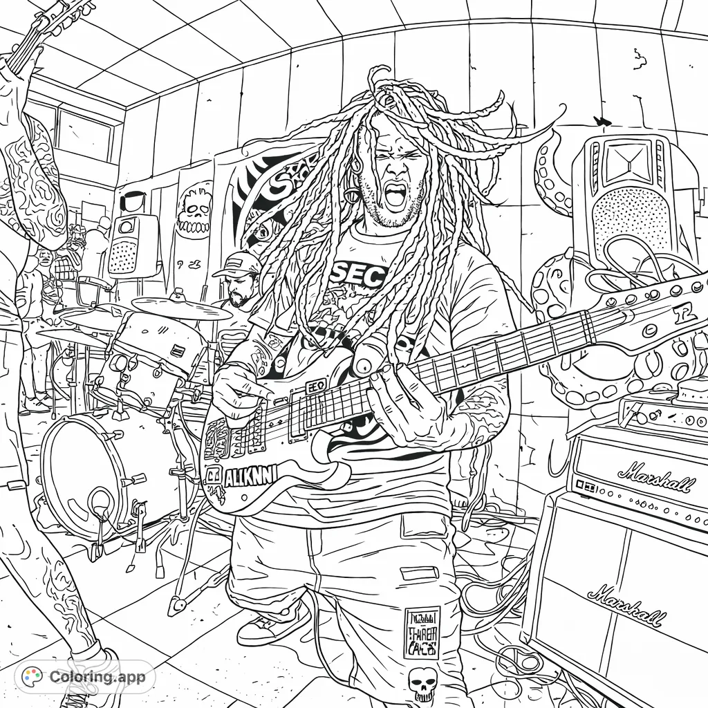 Capture the raw energy of a live band performance! This intense guitarist with dreadlocks shreds on stage, surrounded by drums and amps, perfect for rock music enthusiasts.