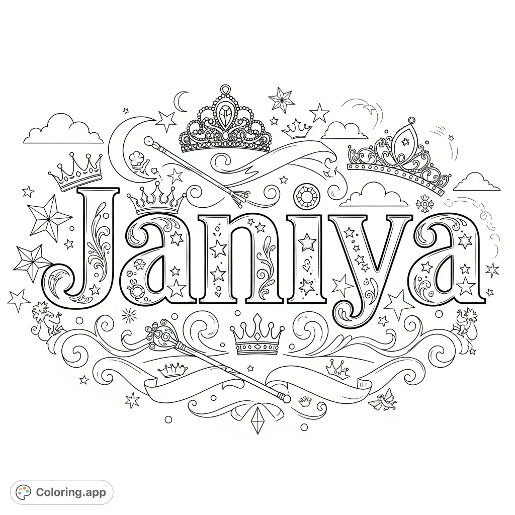 A delightful princess-themed coloring page featuring the name 'Janiya' adorned with tiaras, stars, and regal elements, perfect for a little girl.