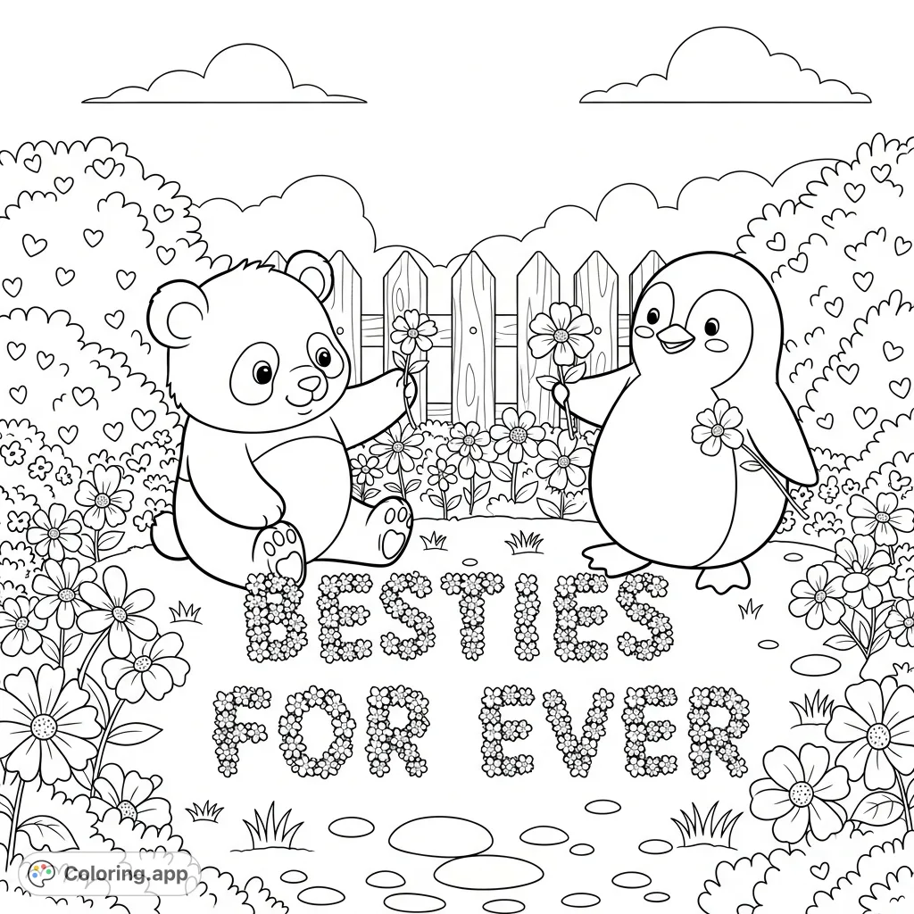 A heartwarming scene of a panda and penguin in a cheerful garden, carefully picking flowers that spell 'BESTIES FOR EVER'. Perfect for celebrating friendship.