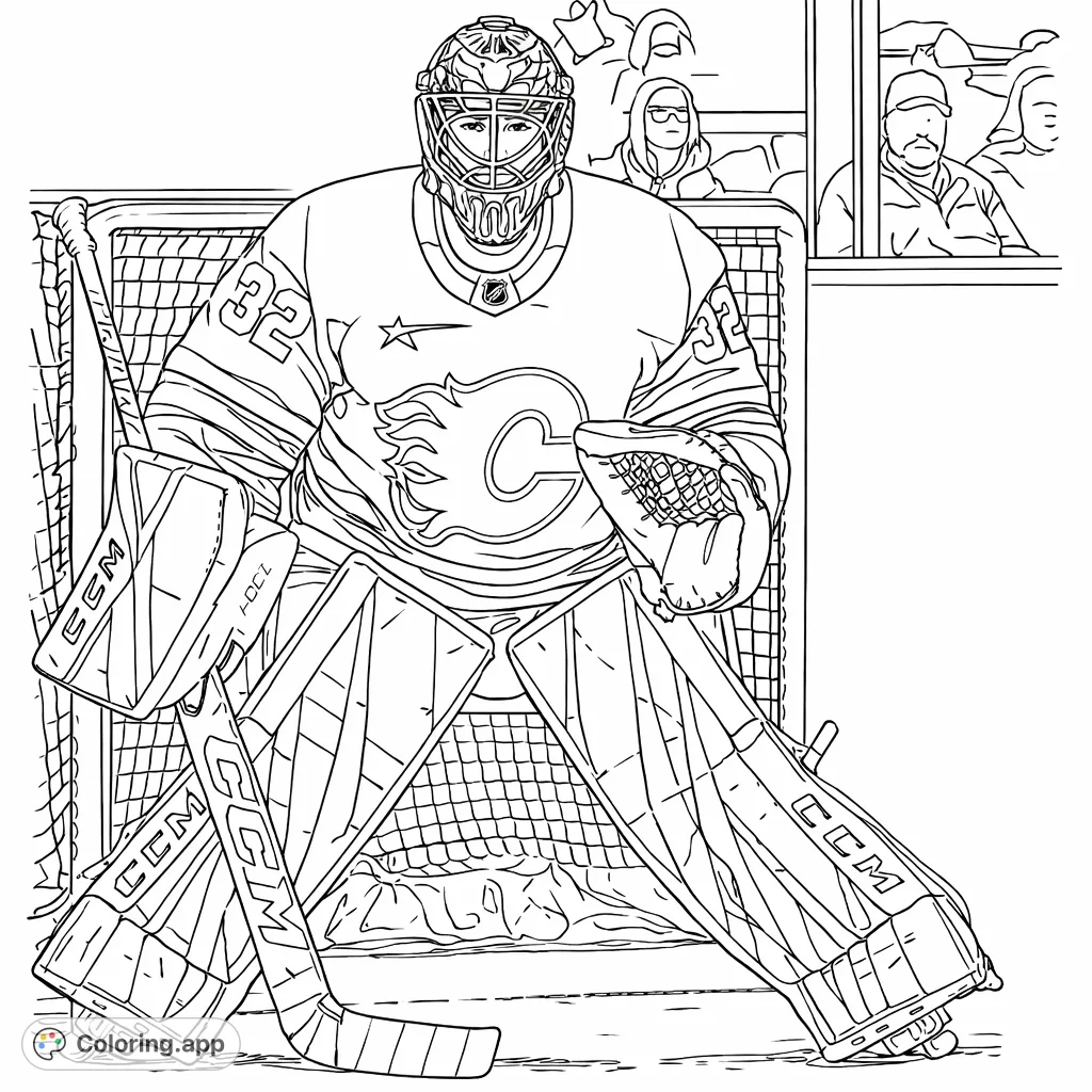 A detailed hockey goalie coloring page, featuring a player in full gear guarding the net. Perfect for sports fans and challenging coloring enthusiasts.
