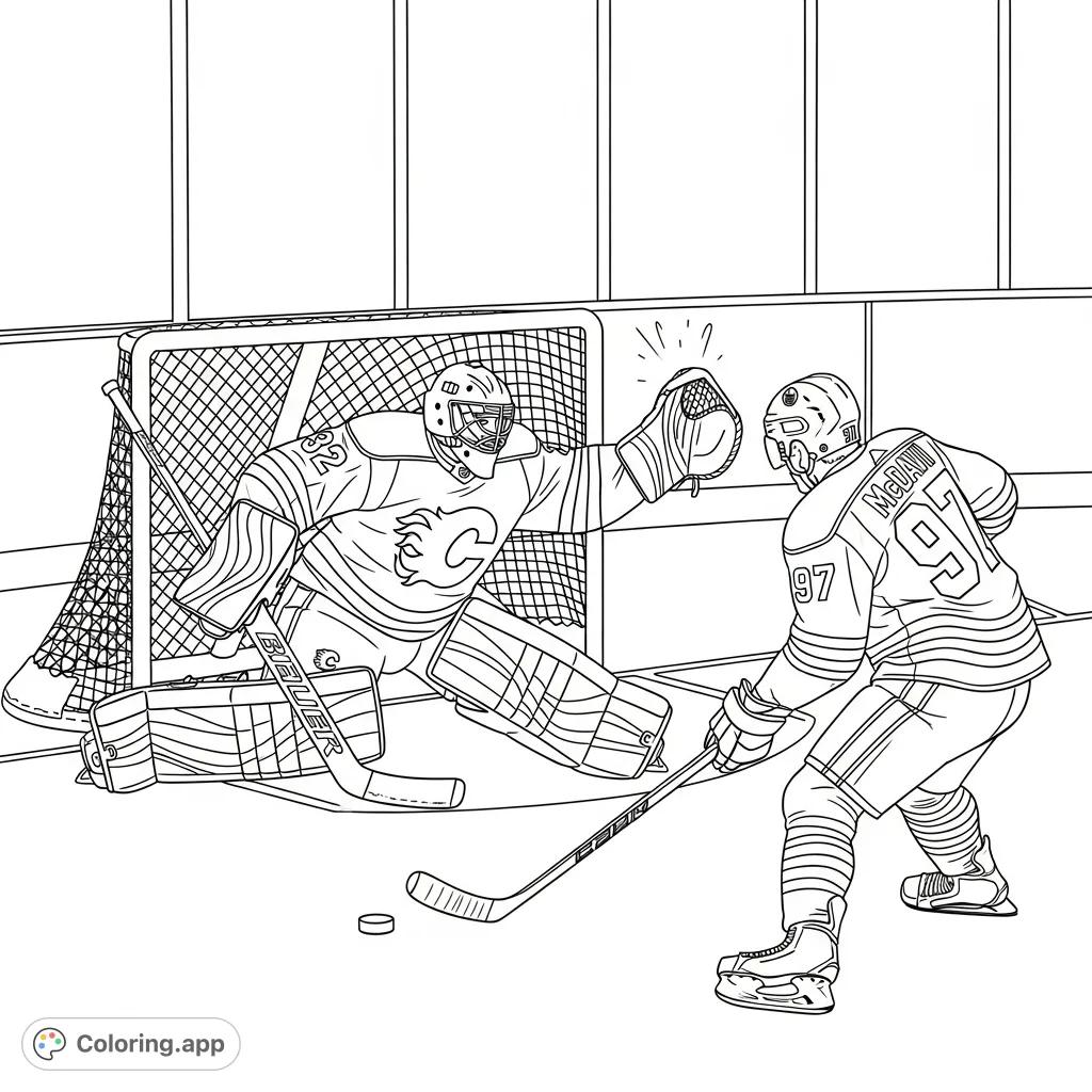Experience thrilling hockey action! Dustin Wolf makes a dramatic save against Connor McDavid in this dynamic sports coloring page. Perfect for fans!