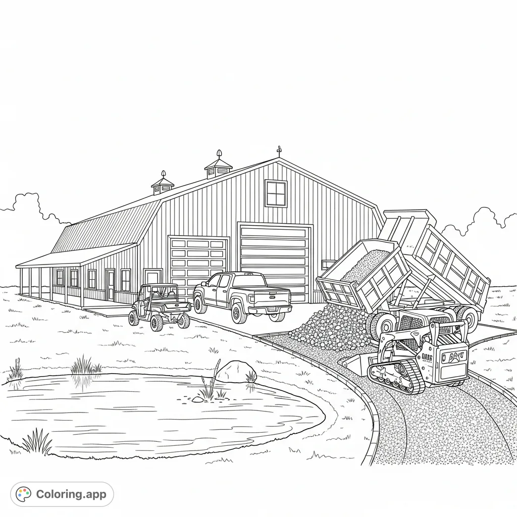 A detailed barndominium coloring page featuring a grand building, a pond, and various construction vehicles like dump trucks and skid steers at work.