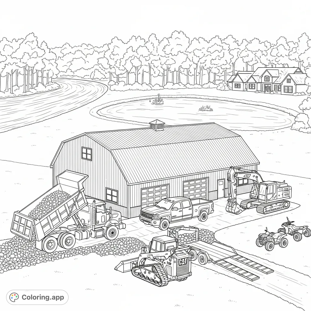 Explore a detailed barndominium scene featuring construction vehicles like a Cat excavator, a Chevy 2500 Duramax, and a picturesque rural landscape.