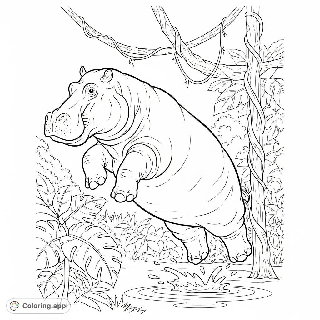 Capture the thrilling moment of a powerful hippo mid-jump amidst lush jungle vines. A dynamic jungle animals coloring page for all ages.