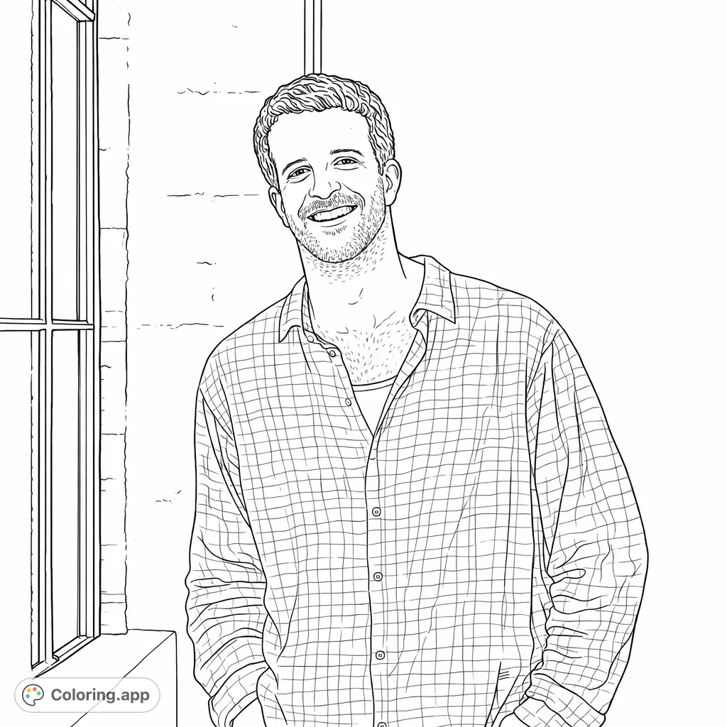 A friendly man with a cheerful smile, wearing a plaid shirt, stands casually by a window. This realistic portrait offers a relaxing coloring experience.