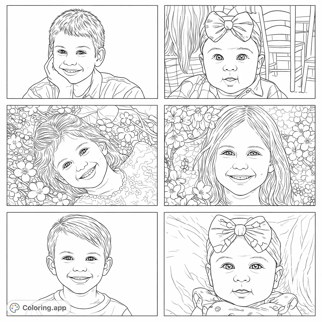 A heartwarming collection of six unique child portraits, from babies to older kids, featuring diverse expressions and settings. Perfect for family-themed coloring.
