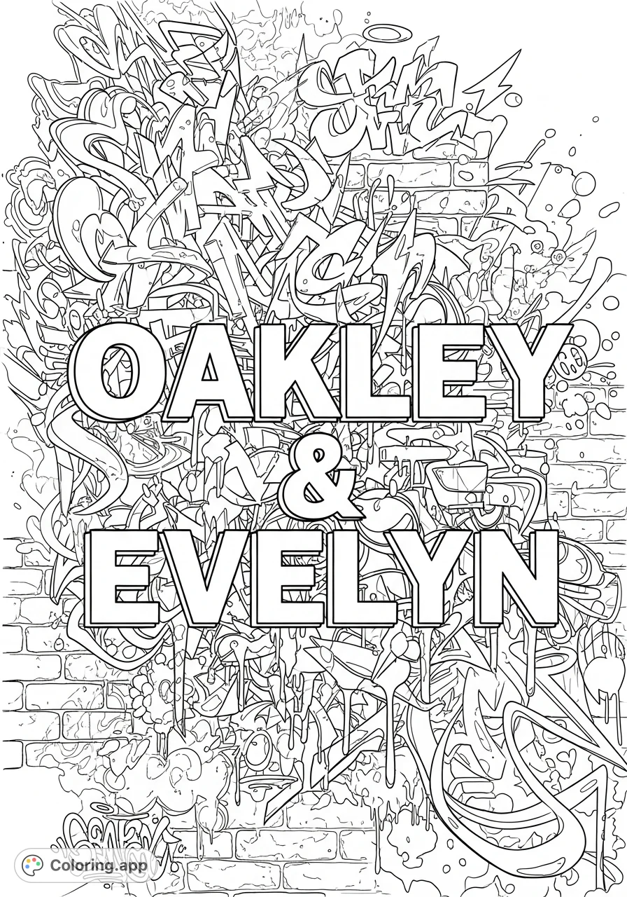 Personalize names OAKLEY and EVELYN on a dynamic graffiti background. A vibrant urban art coloring page perfect for all ages and skill levels.