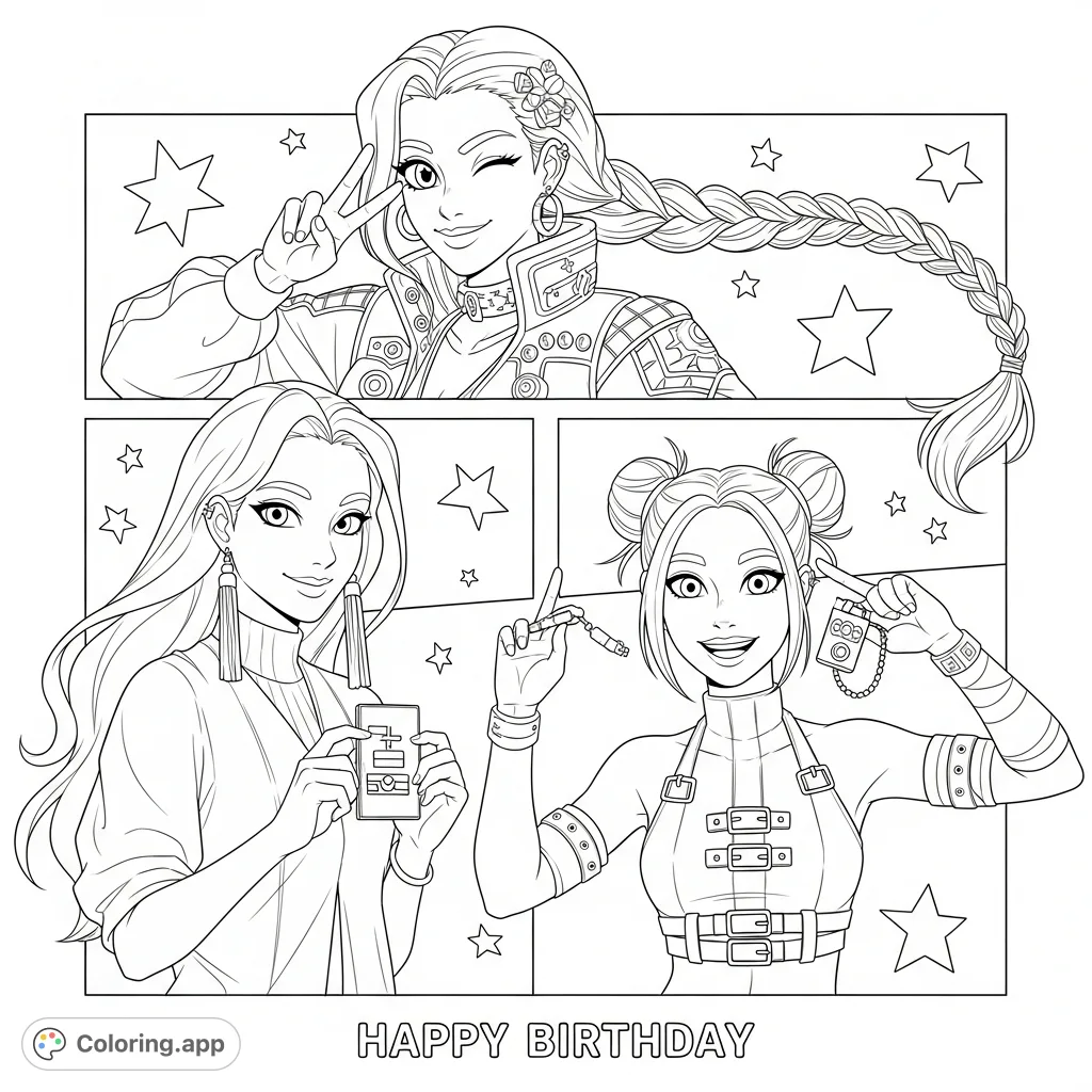 A vibrant stylized female characters coloring page featuring three dynamic figures, unique fashion details, scattered stars, and a 'Happy Birthday' message. Free printable fun!