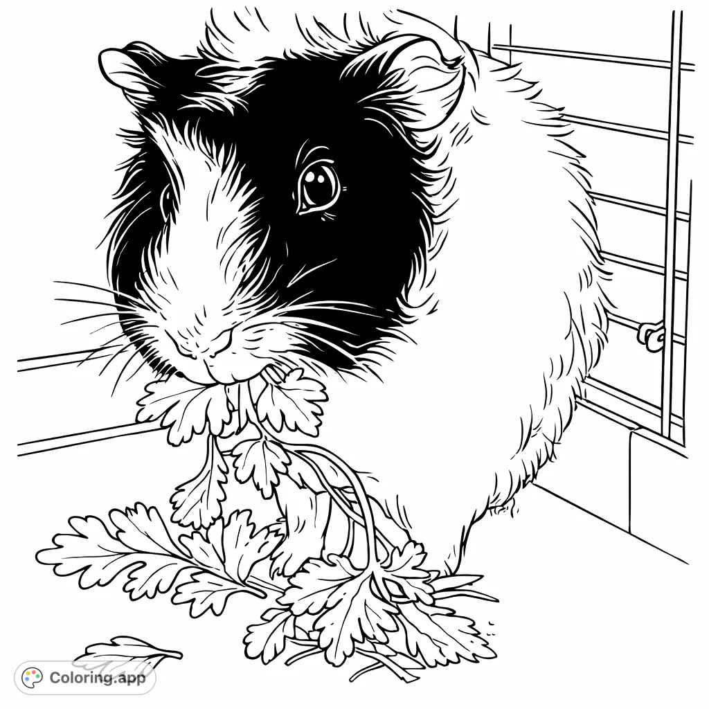 A charming guinea pig enjoys a leafy snack on a wooden platform within its enclosure. A delightful scene for animal lovers of all ages to color.