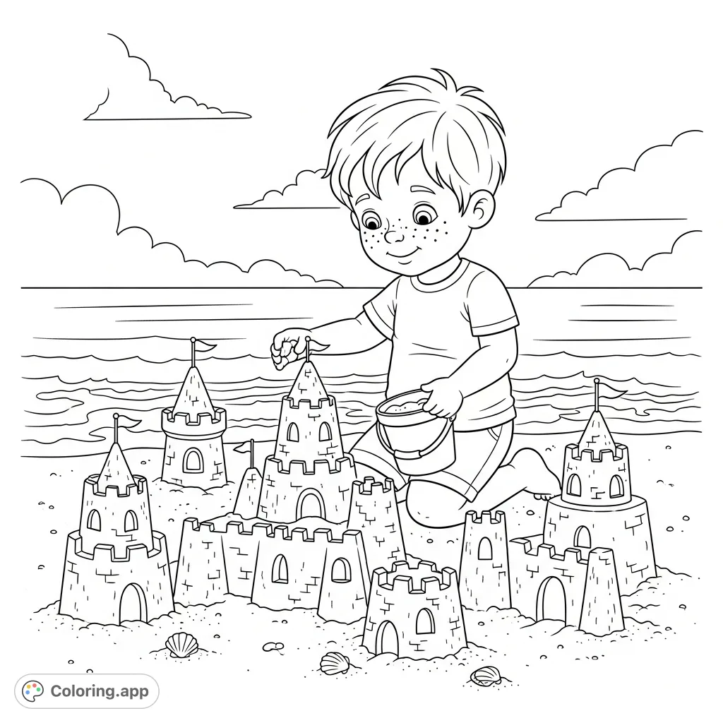 A cheerful boy with freckles builds a detailed sandcastle on the beach, surrounded by waves and shells. A charming scene for summer fun.