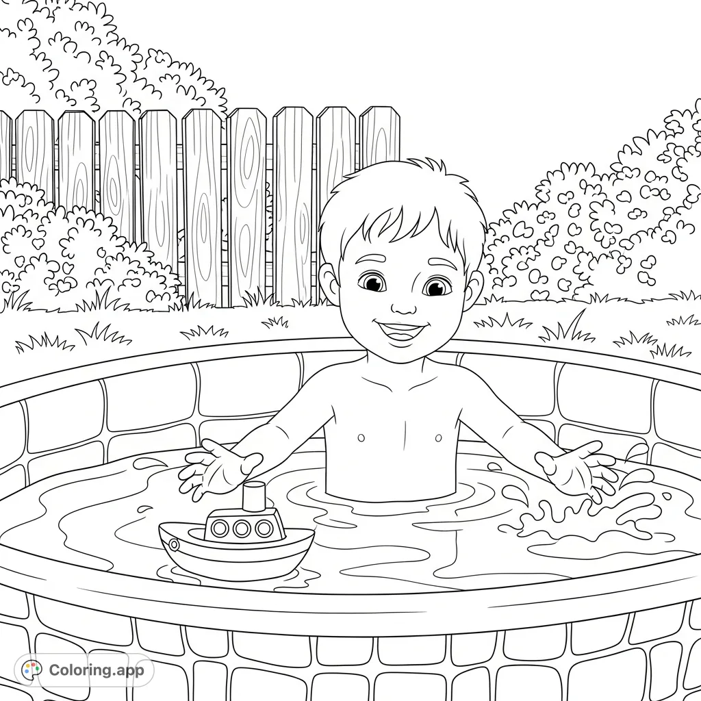 A cheerful boy plays in a paddling pool with a toy boat, surrounded by gentle splashes and a garden backdrop. Perfect for a refreshing coloring session!
