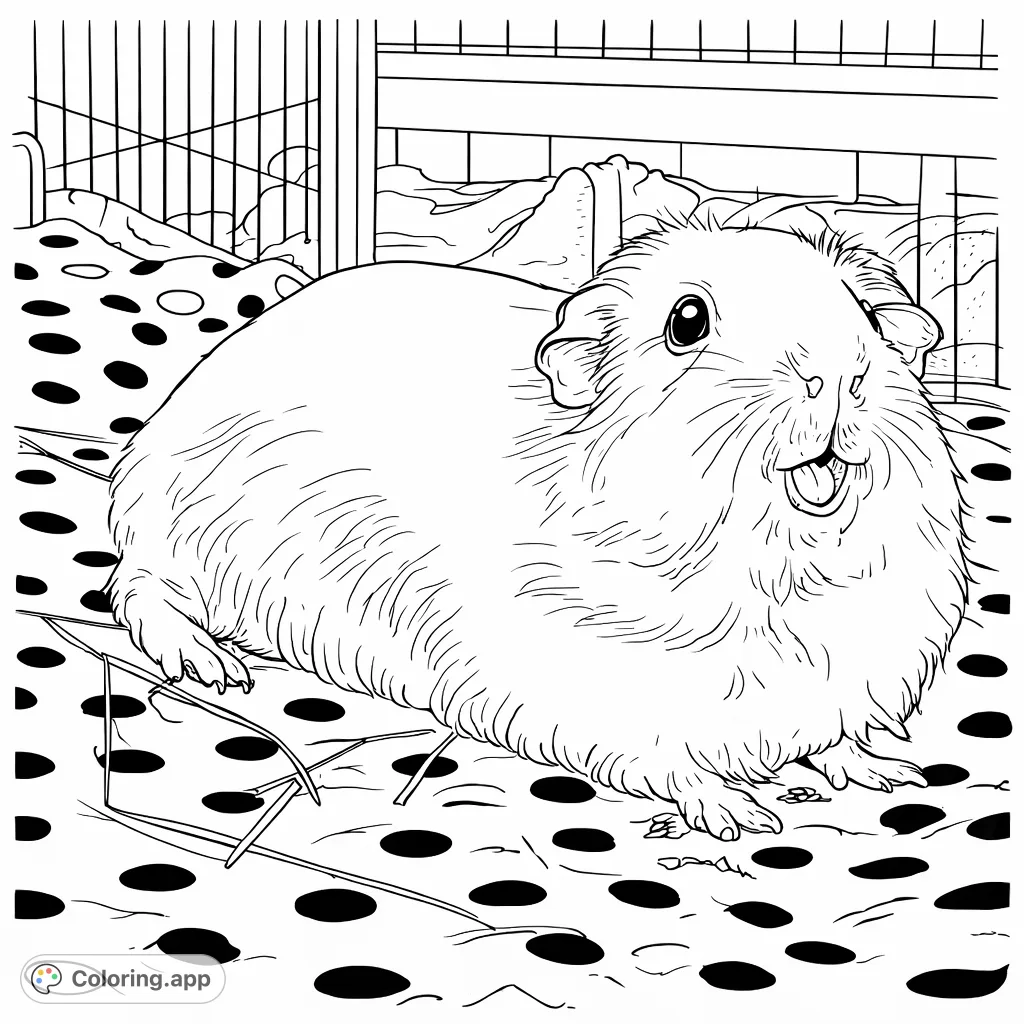 An adorable guinea pig rests on a polka-dotted blanket inside its enclosure, a charming scene perfect for animal lovers to color.